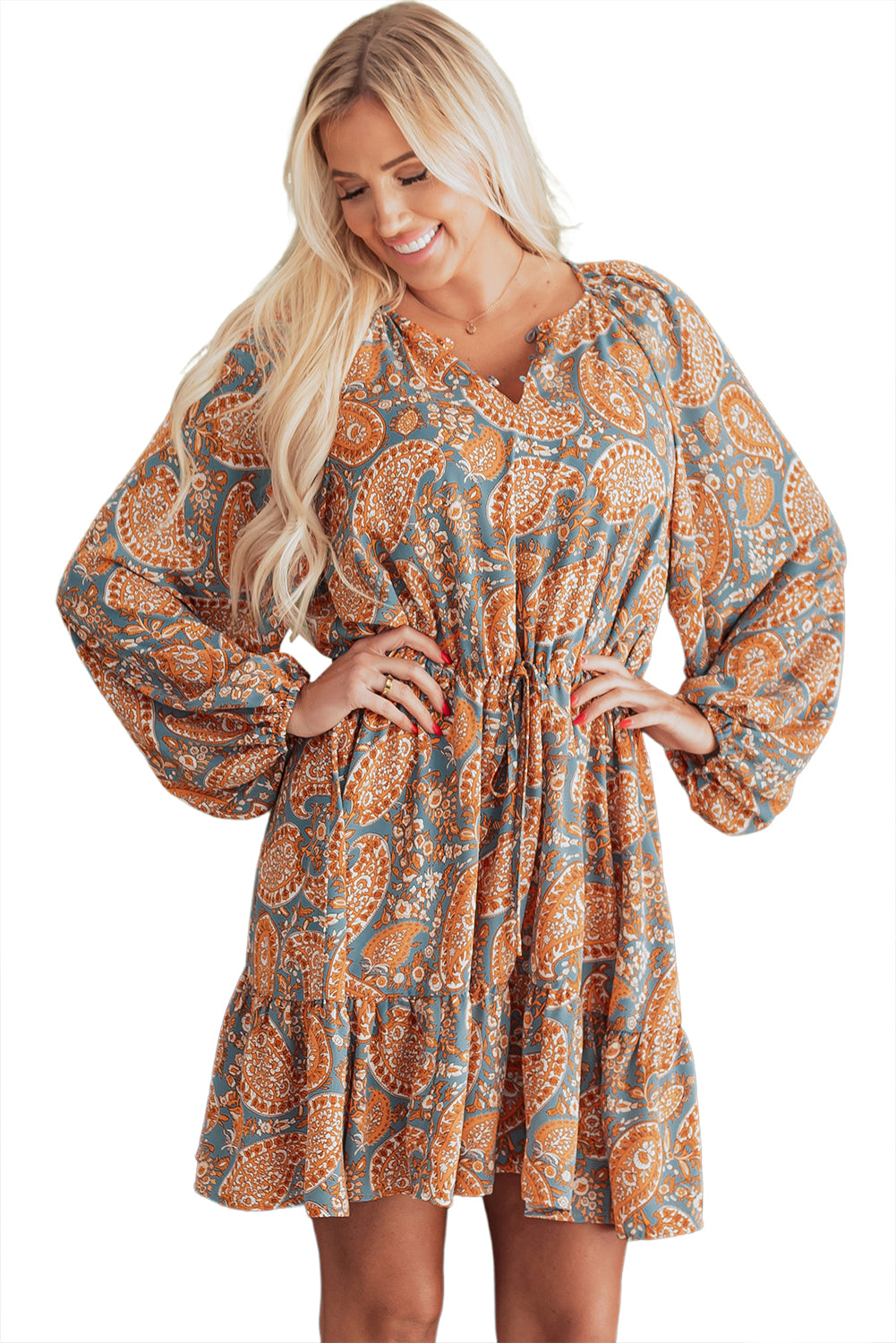 Paisley Print Loose Fit Drawstring High Waist Mini Dress