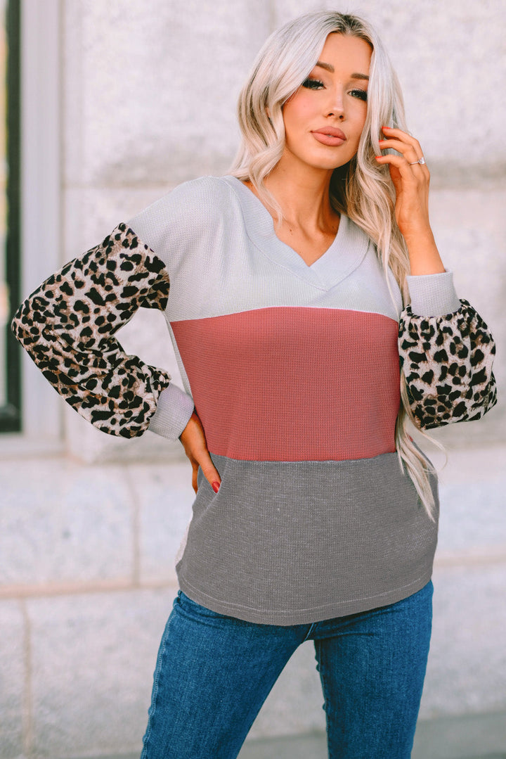 Wild Leopard Contrast Sleeve Colorblock Waffle Knit Top