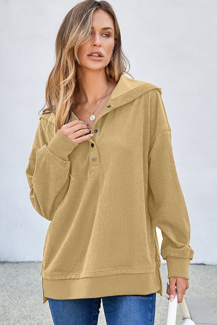 Solid Ribbed Knit Buttoned Drop Shoulder Oversized Hoodie