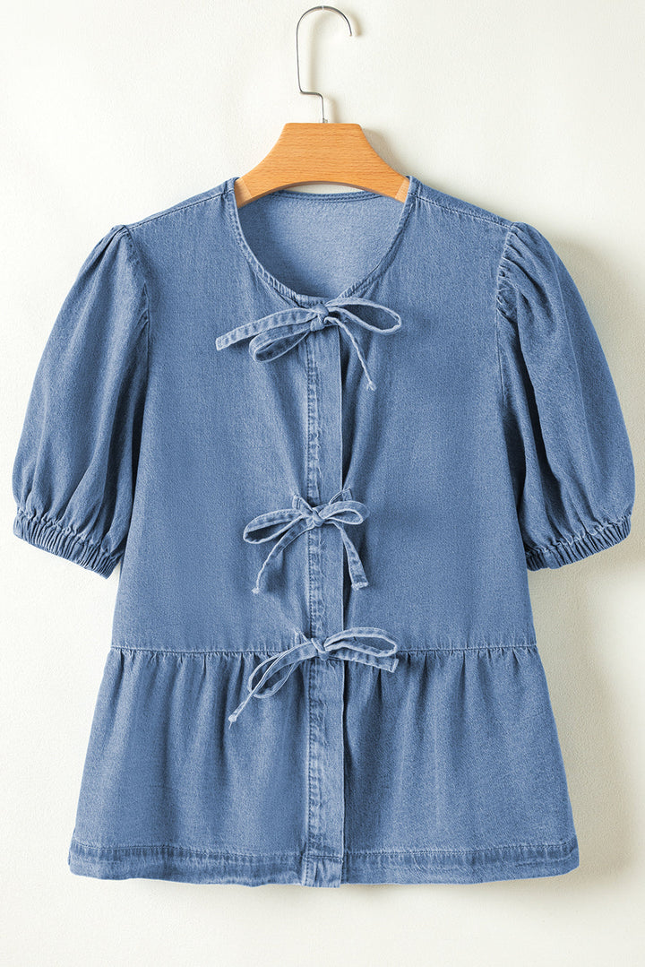 Tied Front Bubble Sleeve Peplum Denim Shirt