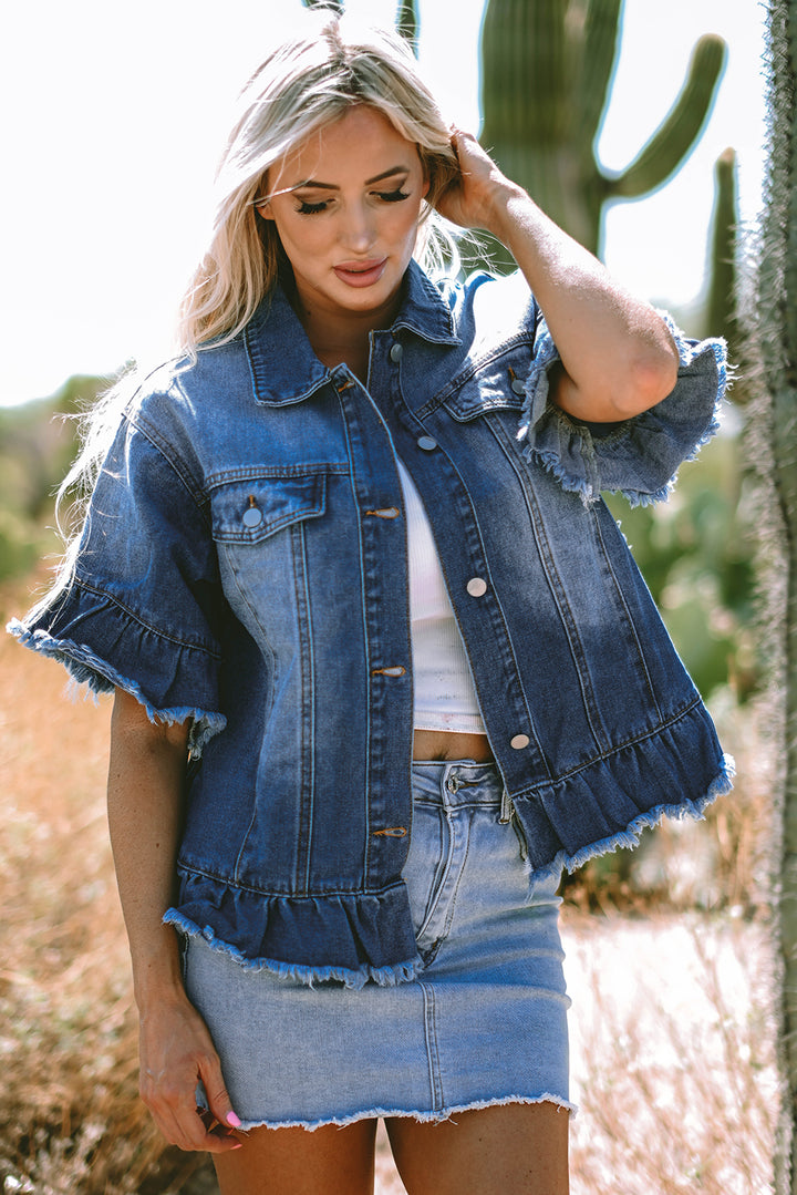 Raw Edge Ruffled Short Sleeve Denim Jacket