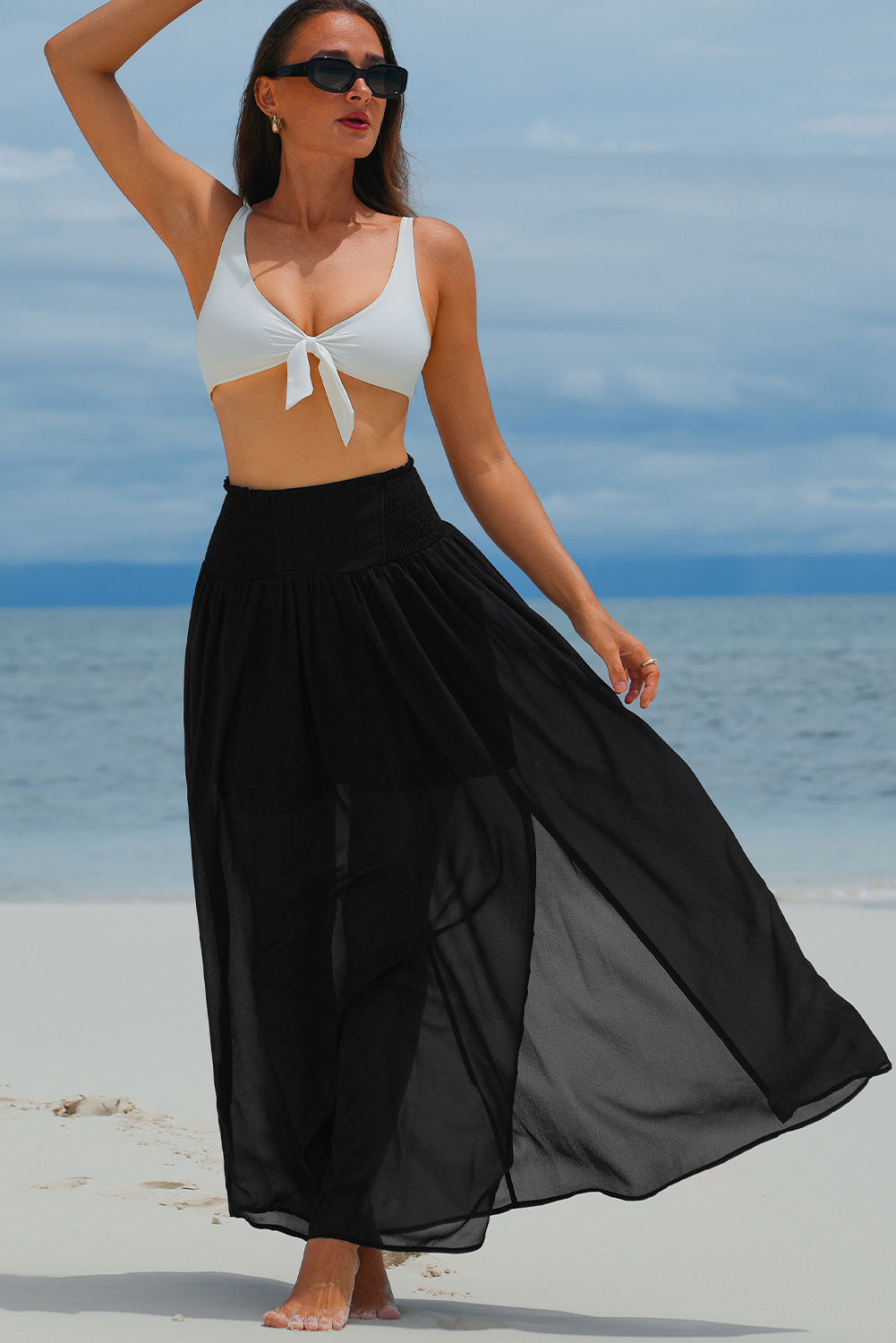 Shirred High Waist Chiffon Split Beach Maxi Skirt