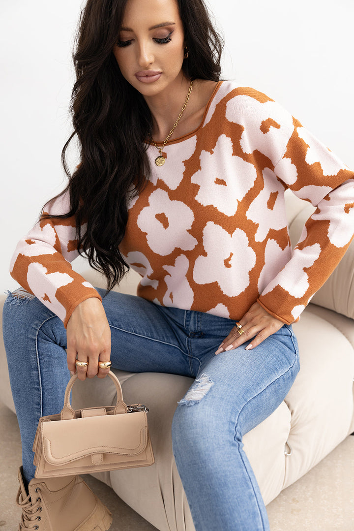 Floral Pattern Crew Neck Long Sleeve Loose Sweater