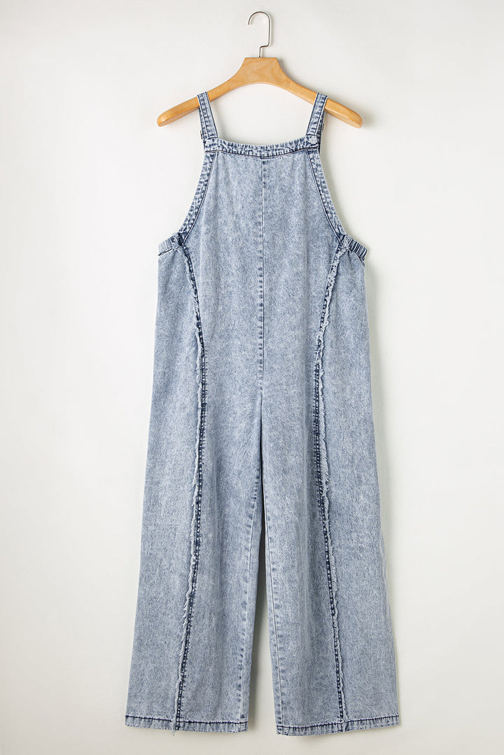 Light Wash Frayed Exposed Seam Wide Leg Denim Overall