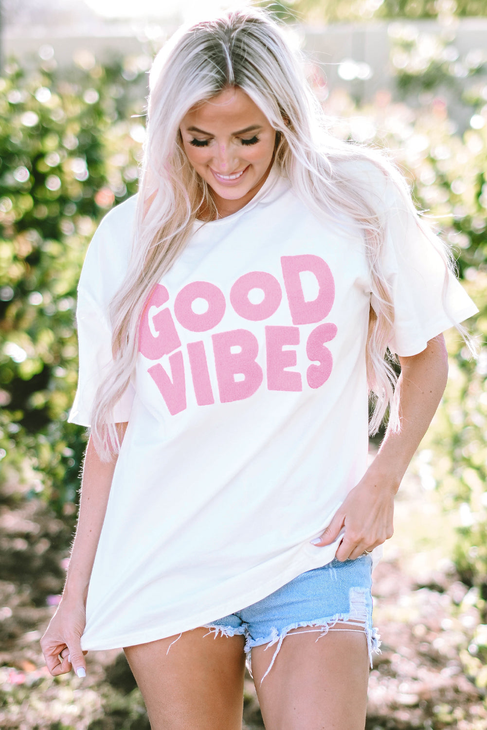 White GOOD VIBES Chenille Embroidered Crewneck T Shirt