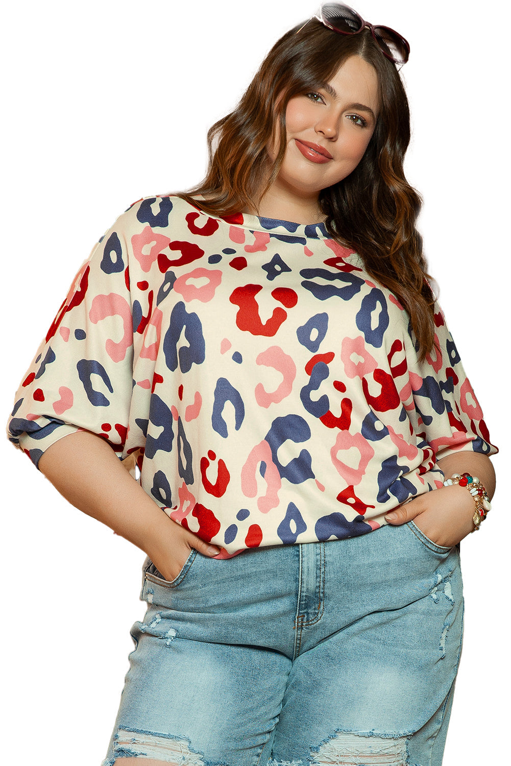 Colorful Leopard Print Batwing Sleeve Plus Blouse