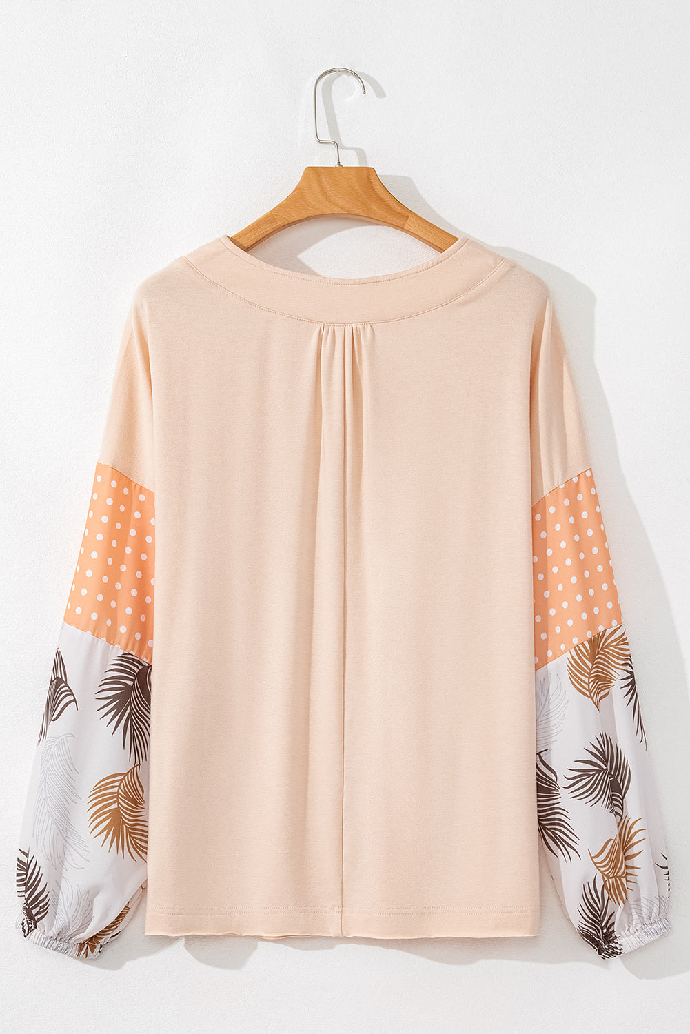 Palm Leaves Polka Dot Puff Sleeve Patchwork V Neck Loose Blouse