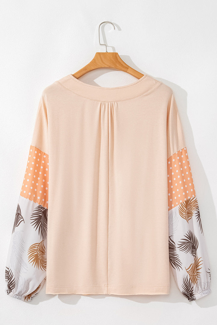 Palm Leaves Polka Dot Puff Sleeve Patchwork V Neck Loose Blouse