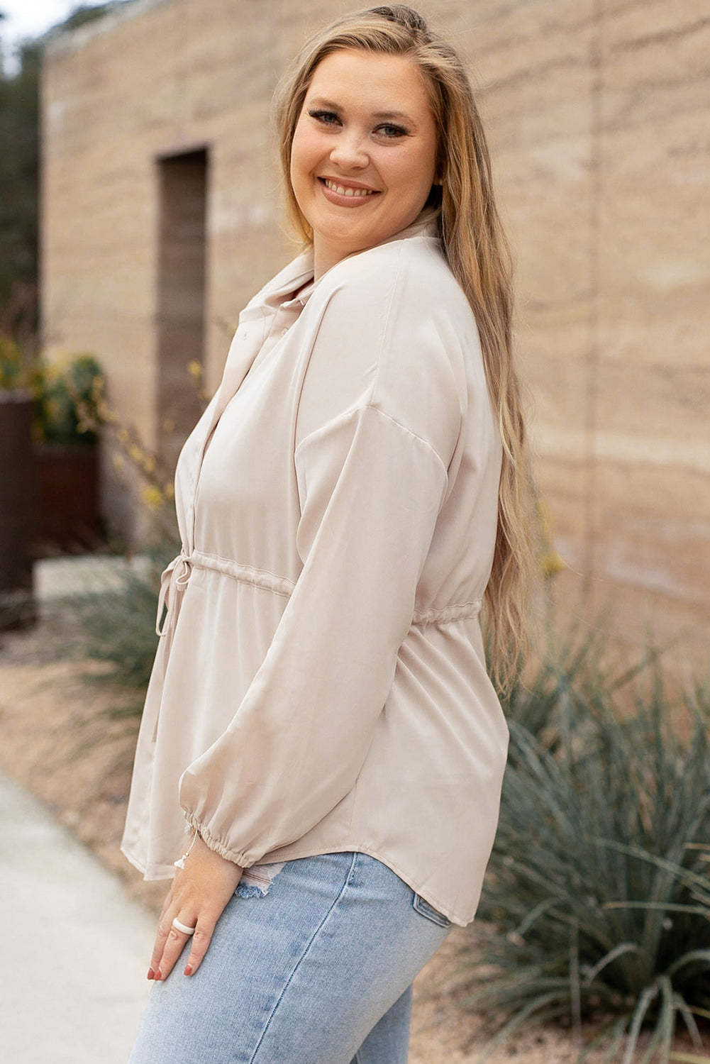 Plus Size Puff Sleeve Tied Tunic Shirt