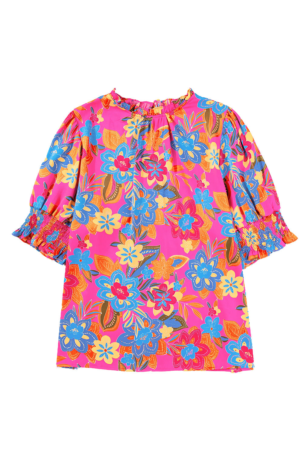 Plus Floral Print Frilly Neck Puff Sleeve Blouse