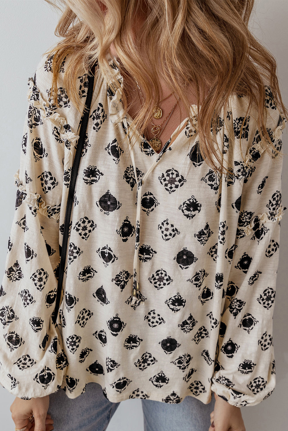 Printed Split Neck Bubble Sleeve Loose Blouse