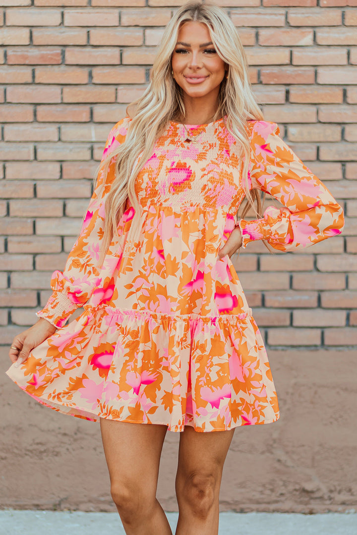 Abstract Print Smocked Lantern Sleeve Ruffle Mini Dress