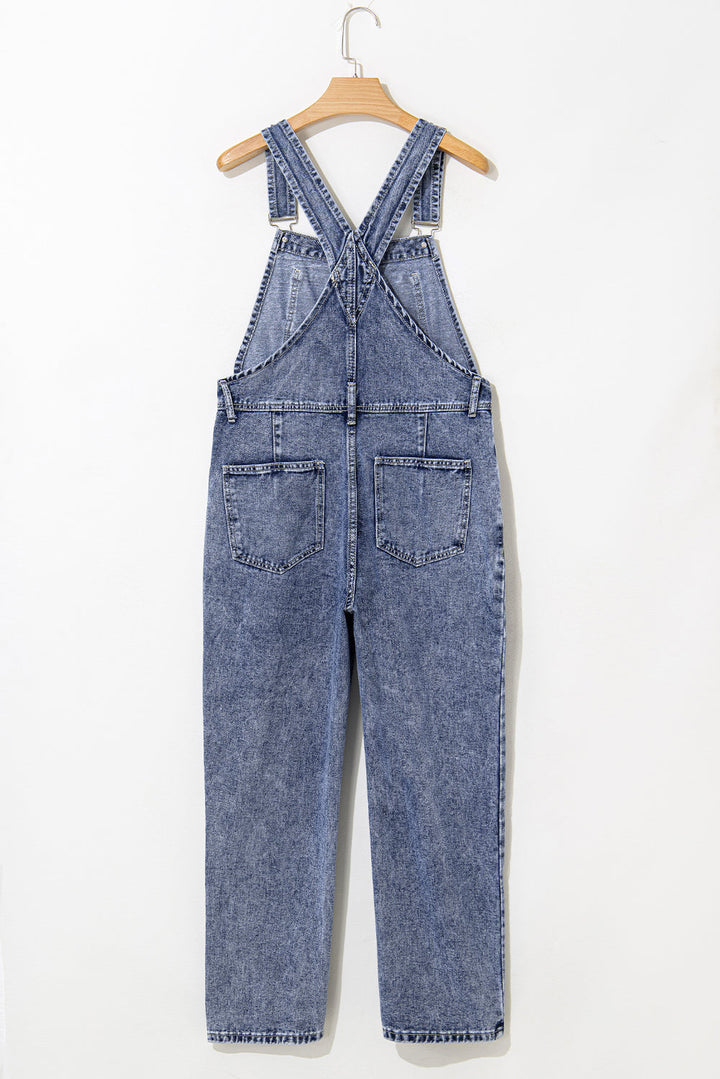 Denim Bib Straight Leg Jumpsuit with Pockets