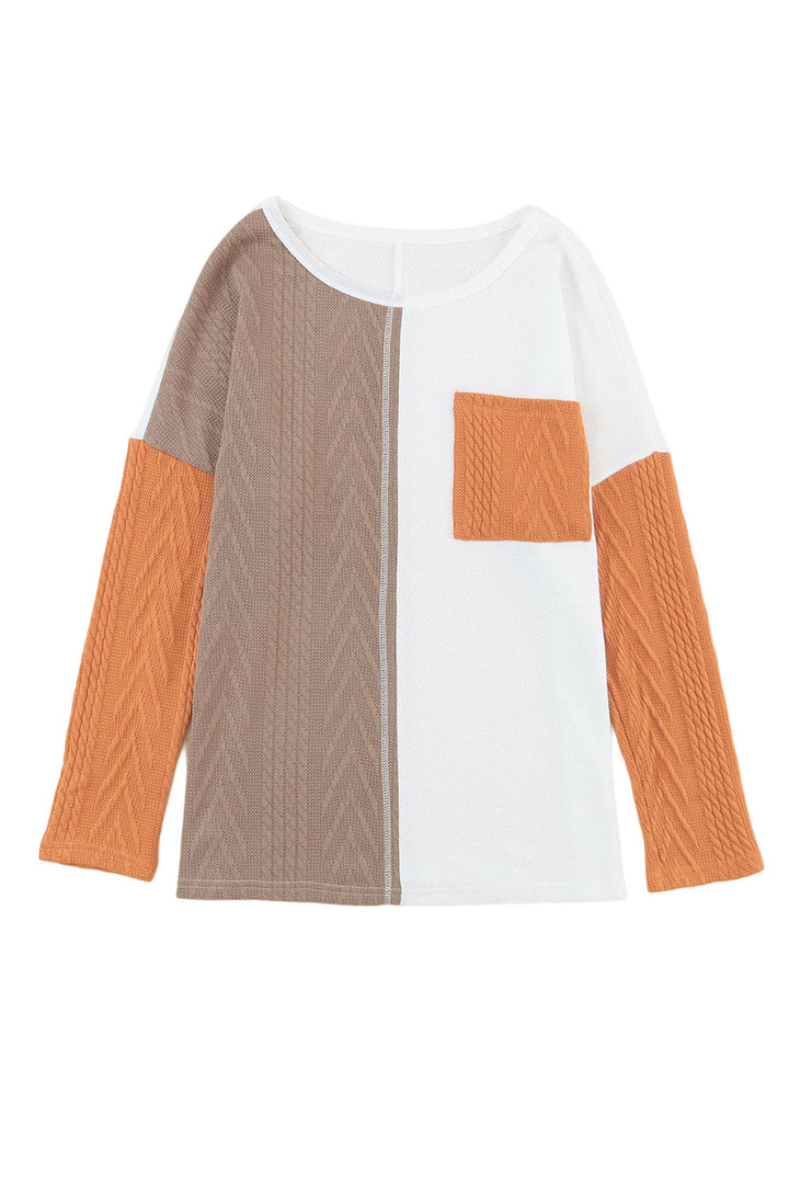 Long Sleeve Colorblock Chest Pocket Textured Knit Top