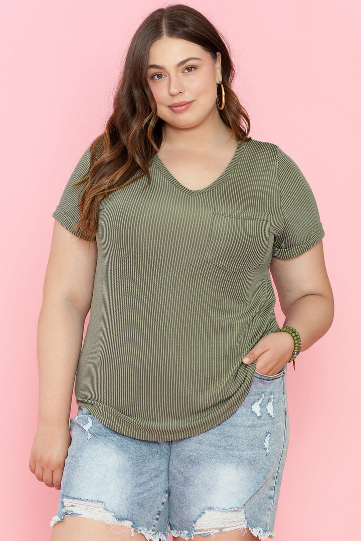 Plus Size Corded V Neck Patch Pocket Tee