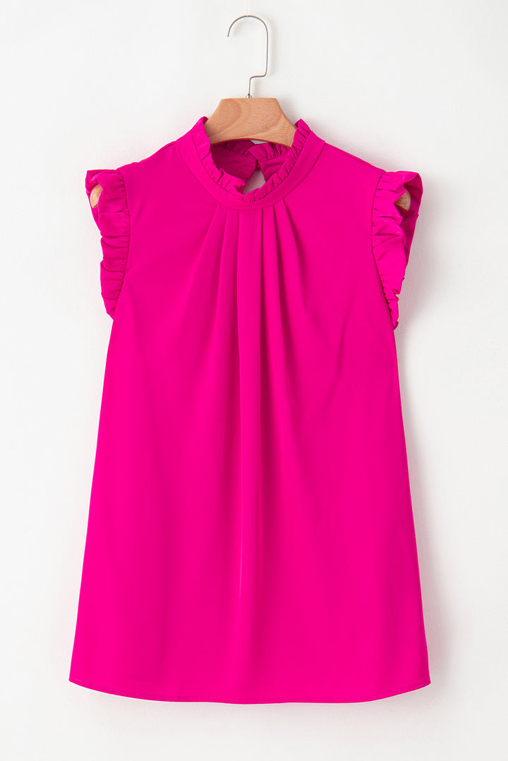 Pleated Mock Neck Frilled Trim Sleeveless Top