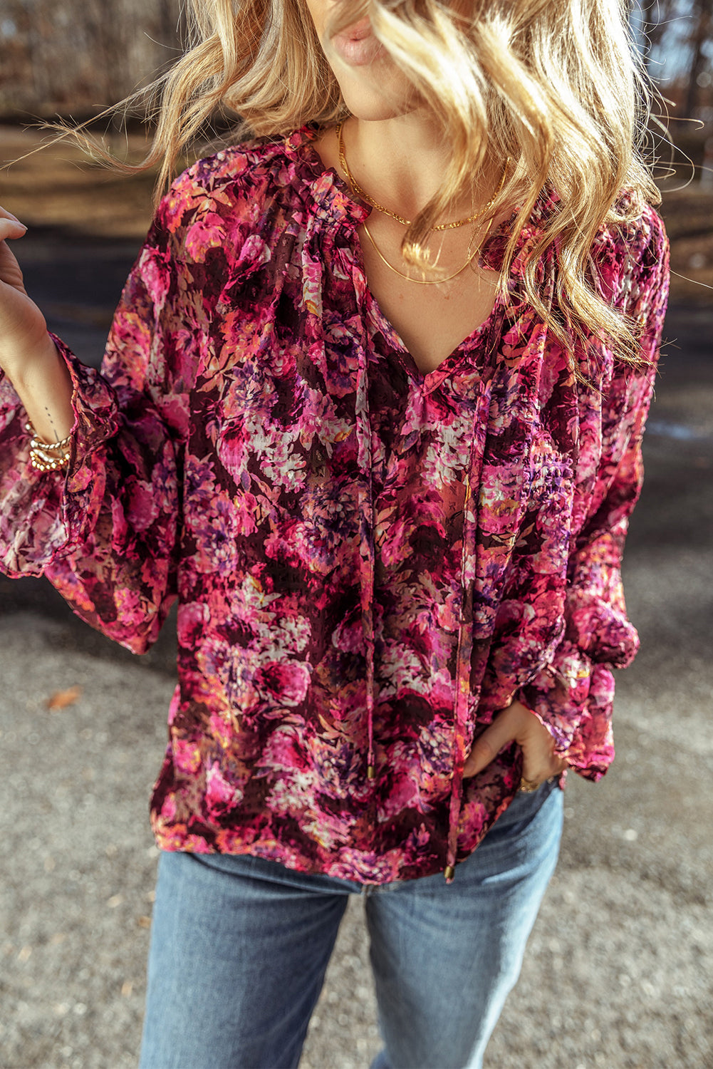 Floral Allover Print Drawstring Ruffled V Neck Loose Blouse