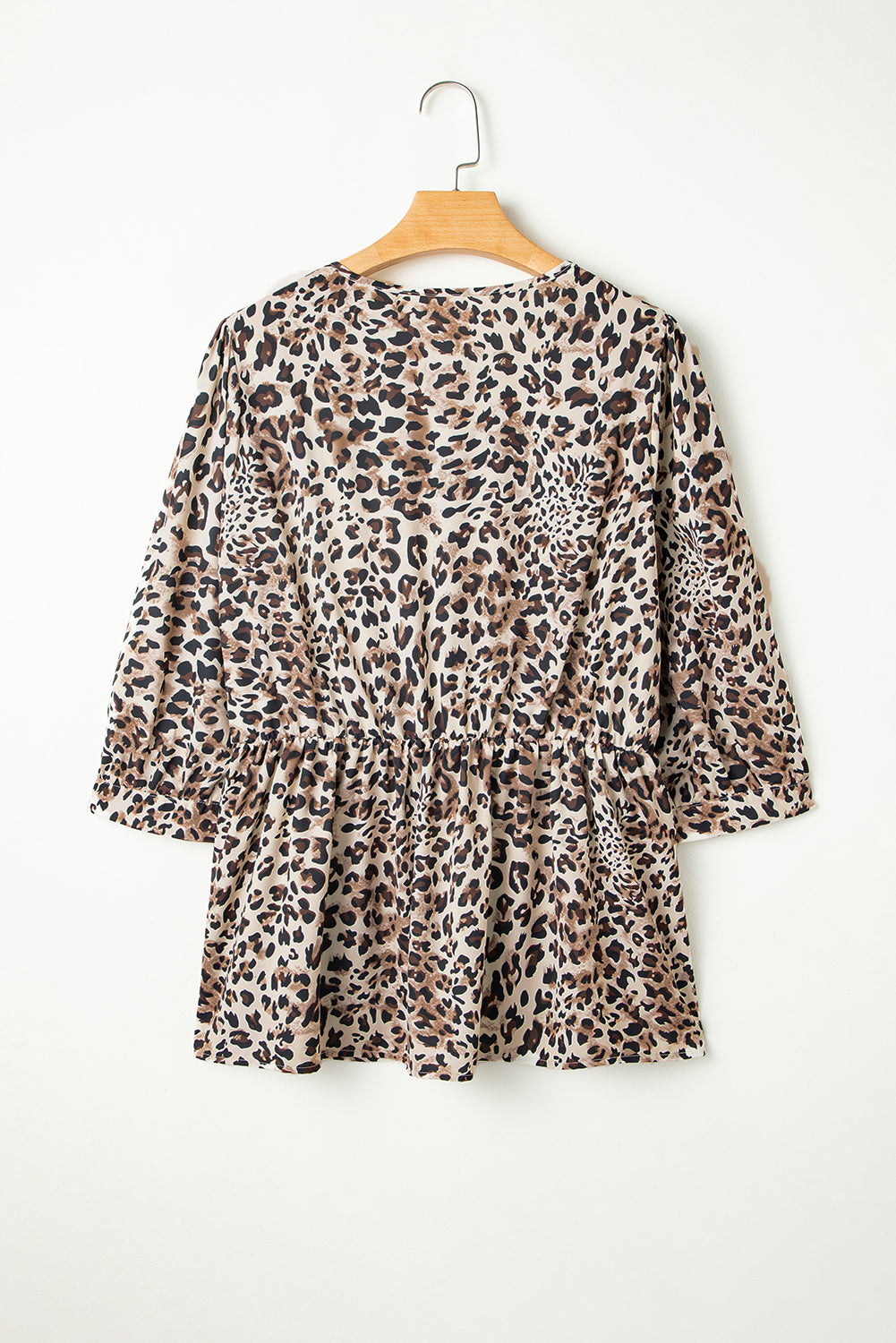 Leopard Print Lace-up Ruffled 3/4 Sleeve Plus Size Blouse