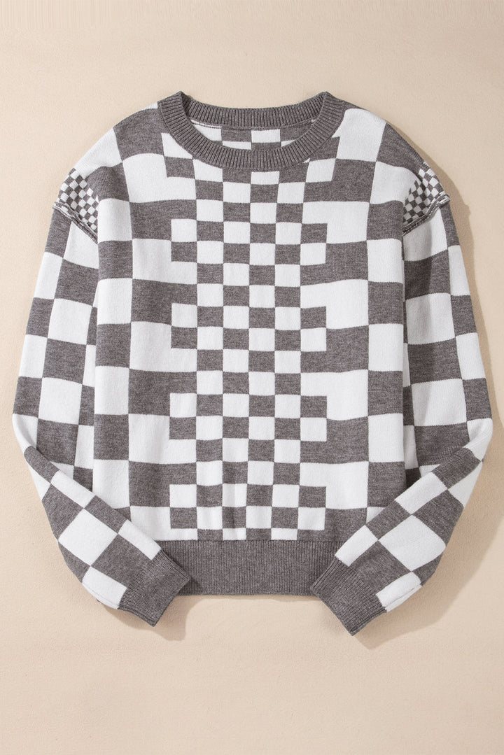 Checkered Print Drop Shoulder Round Neck Sweater