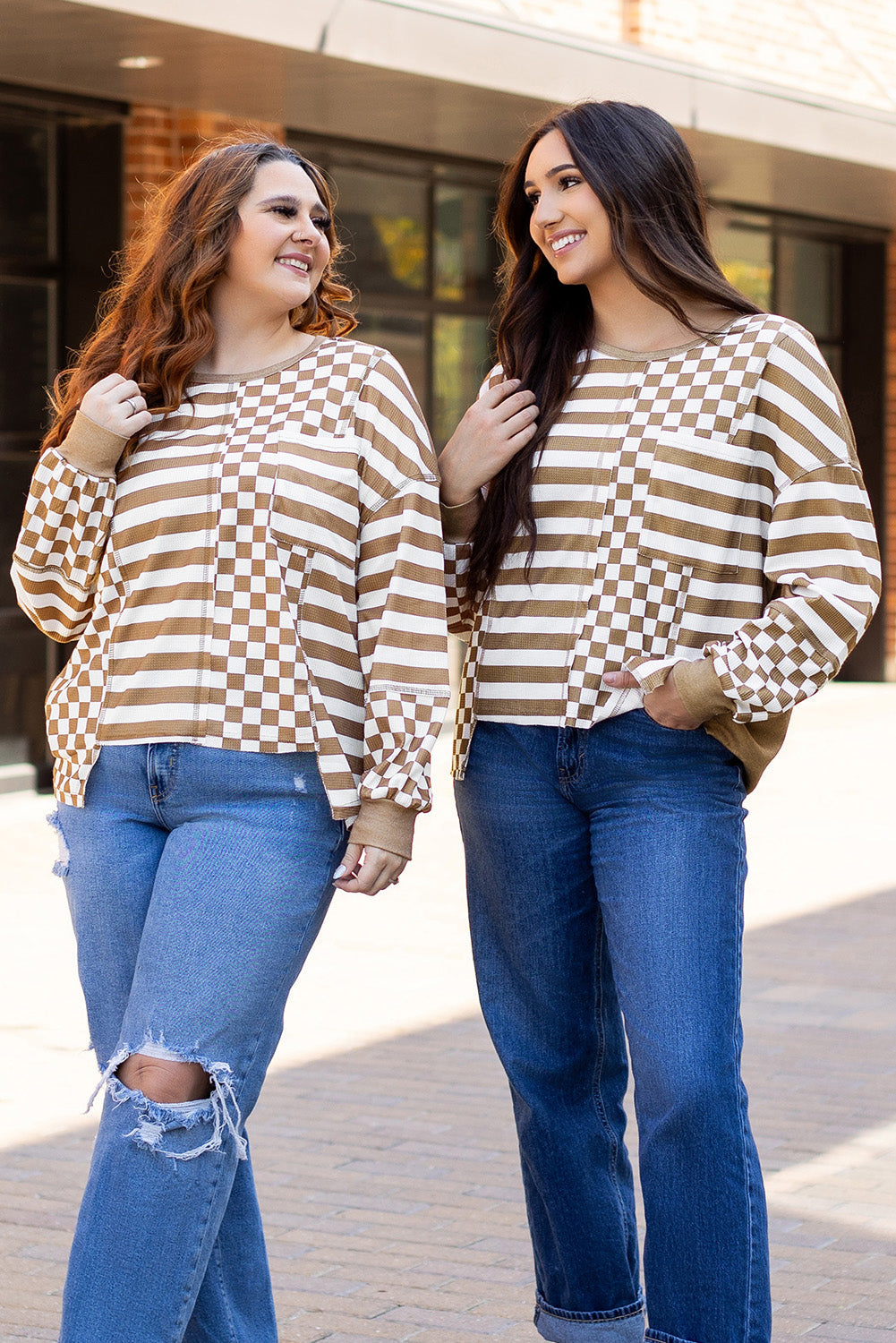 Striped Checkered Mixed Print Chest Pocket Casual Plus Size Top