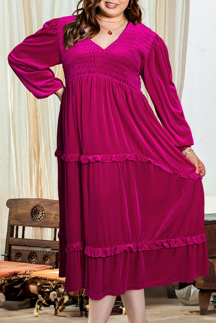 Shirred V Neck Tiered Ruffled Velvet Plus Size Maxi Dress