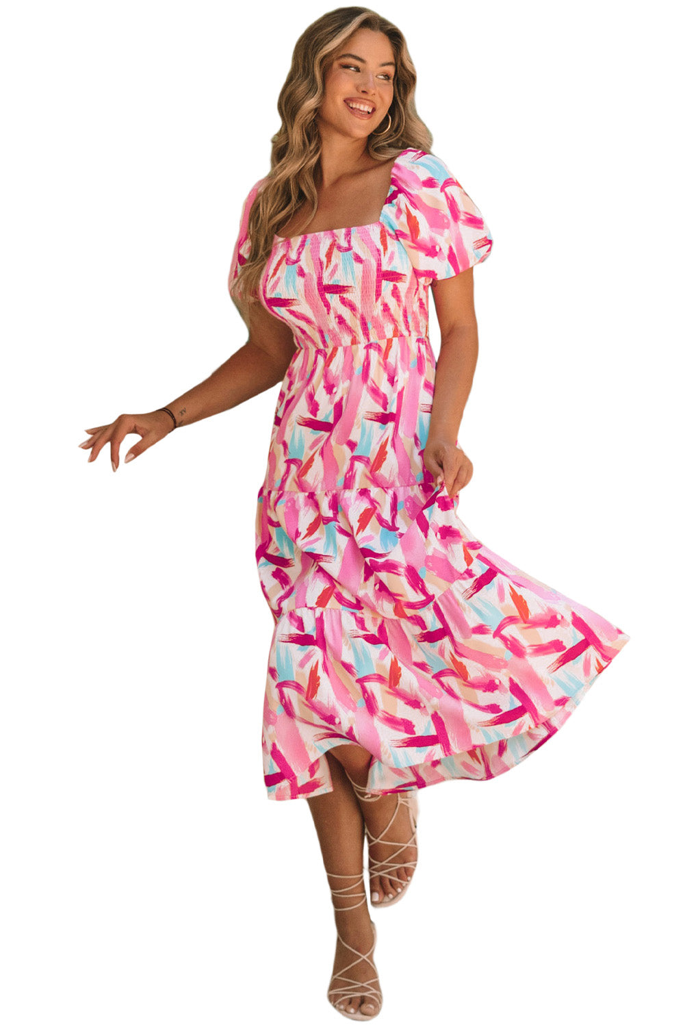 Brush Stroke Printed Smocked Ruffle Tiered Dress