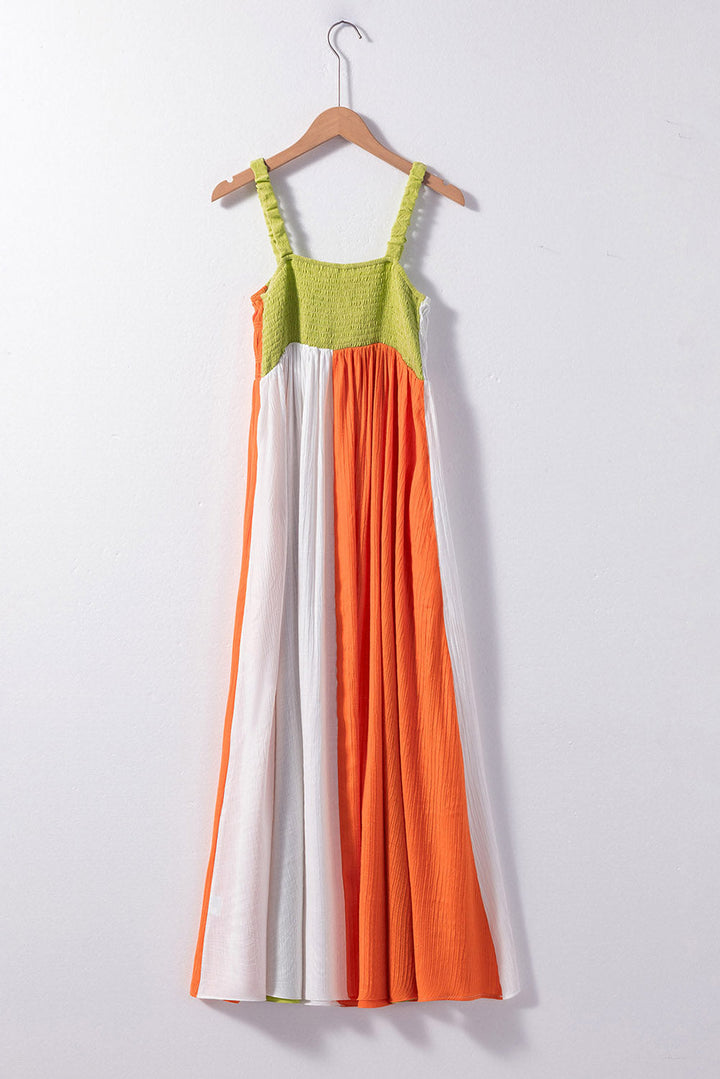 Color Block Shirred High Waist Fit and Flare Maxi Dress