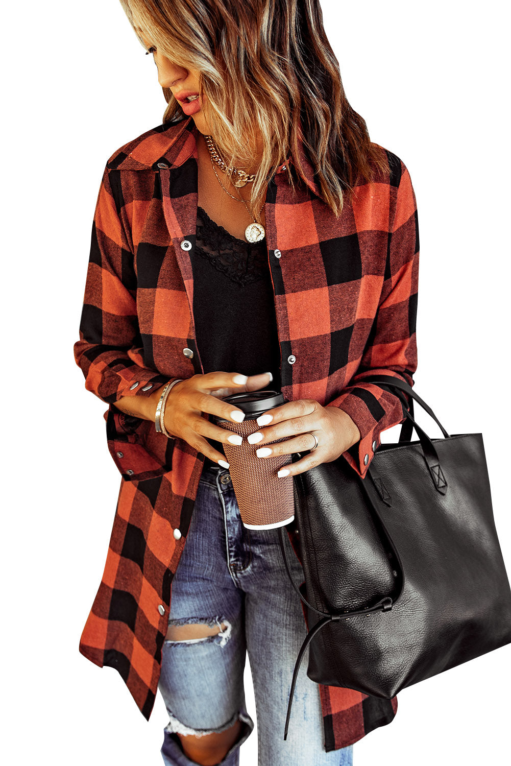 Turn-down Collar Plaid Shirt Coat