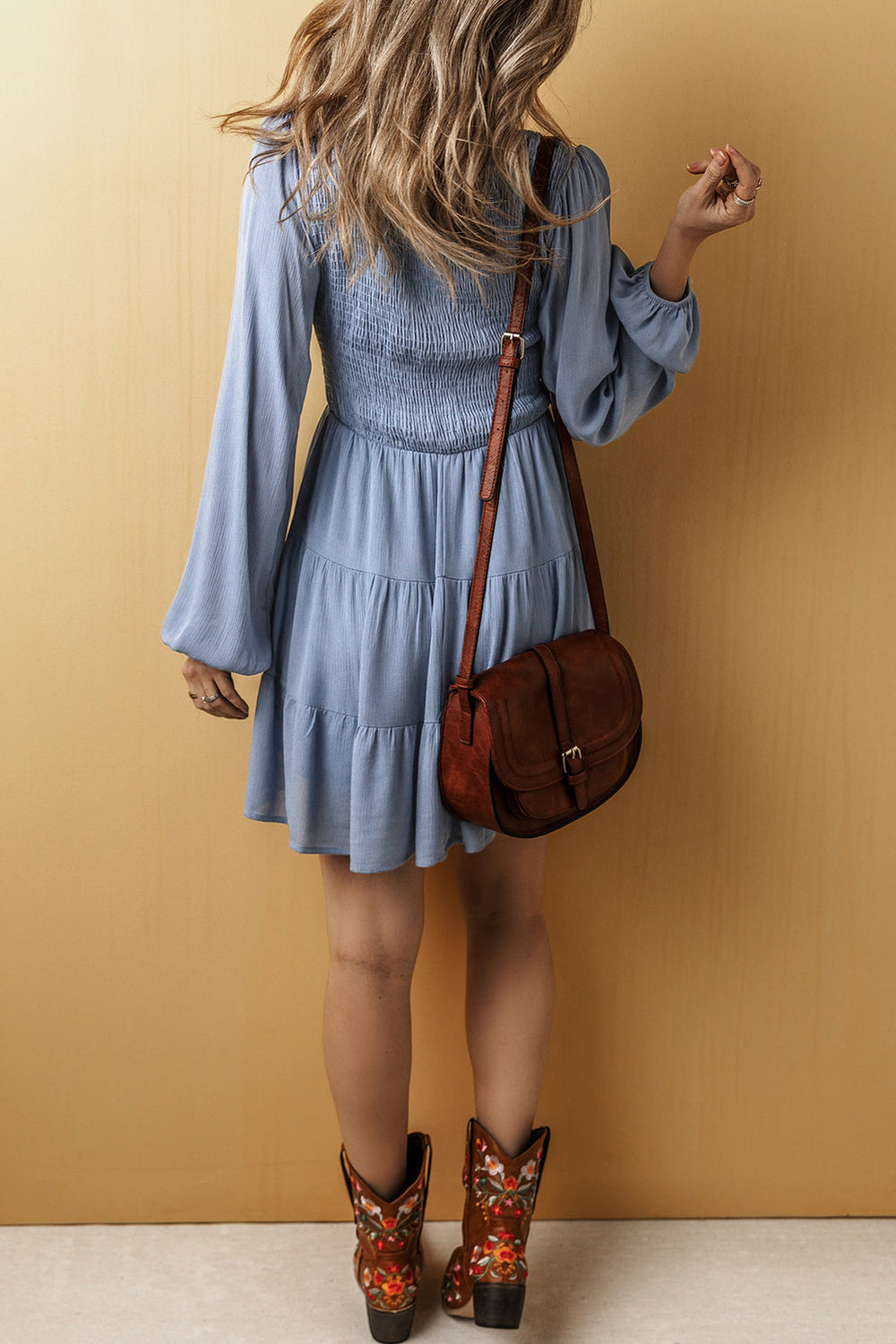 Long Sleeve V Neck Smocked Tiered Mini Dress