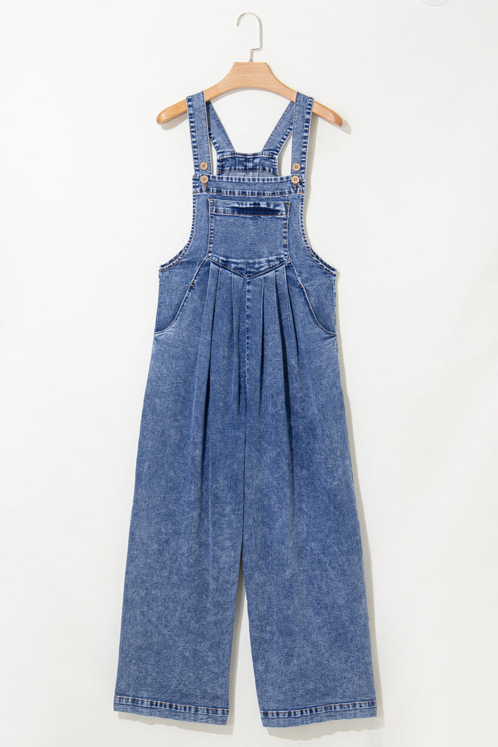 Mineral Wash Buttoned Straps Wide Leg Denim Overalls