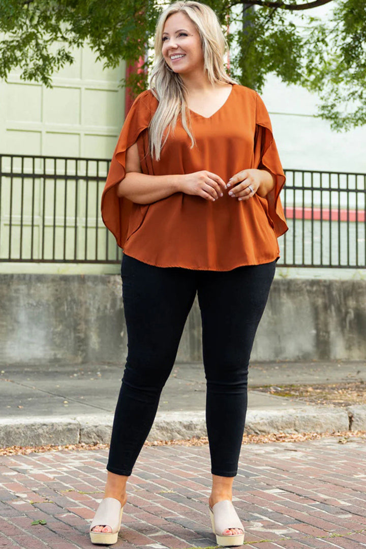 Plus Size Solid Wrapped Ruffled Sleeve V Neck Blouse