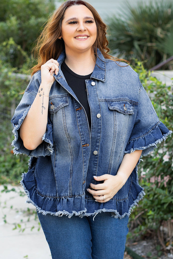 Ruffled Frayed Short Sleeve Plus Size Denim Jacket