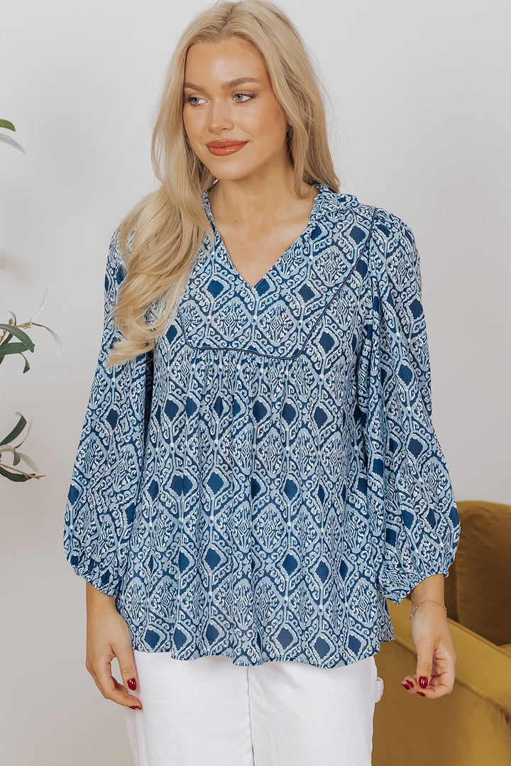 Western Geometric Print Frilled V Neck Loose Fit Blouse