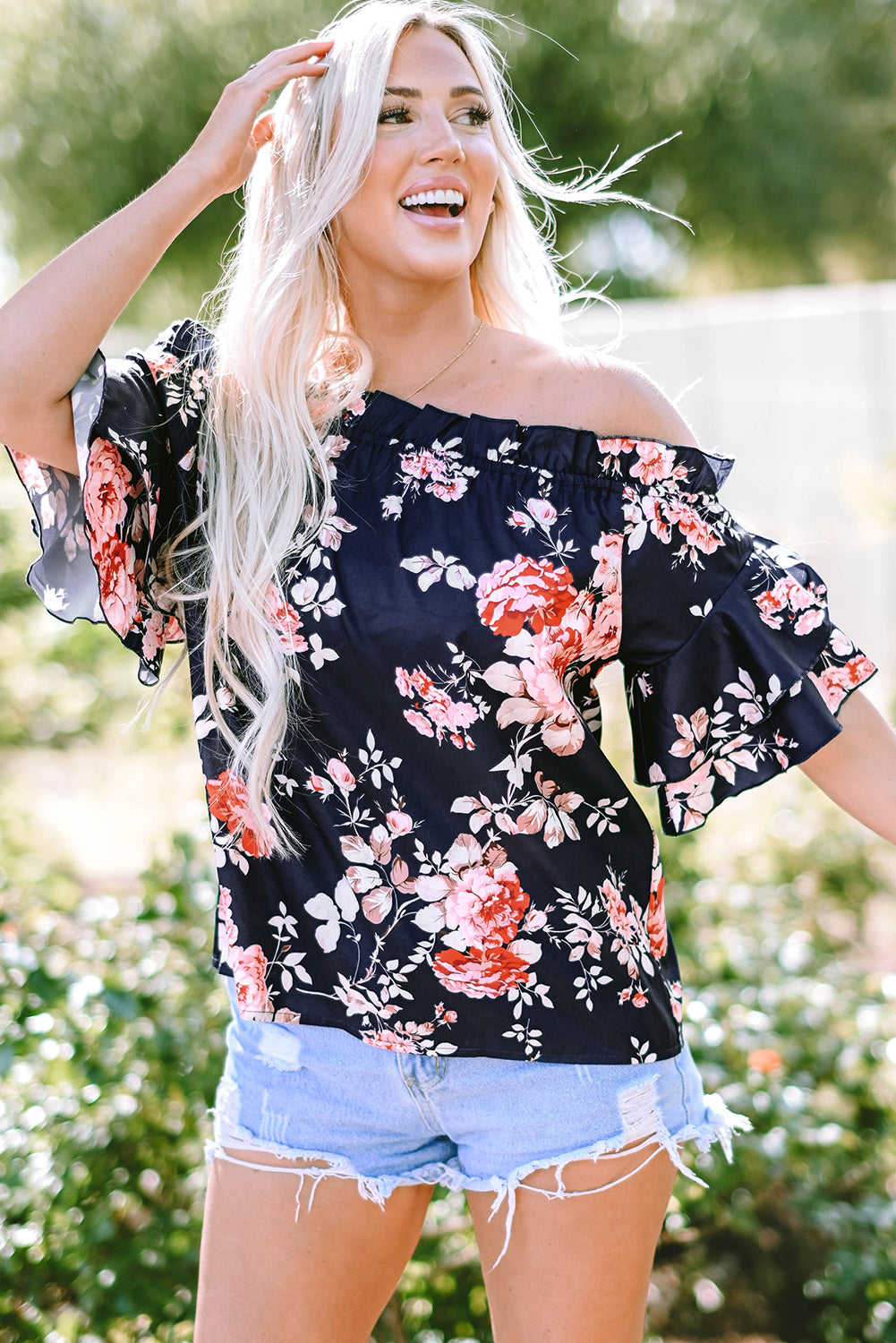 Ruffle Off Shoulder Flounce Sleeve Floral Blouse