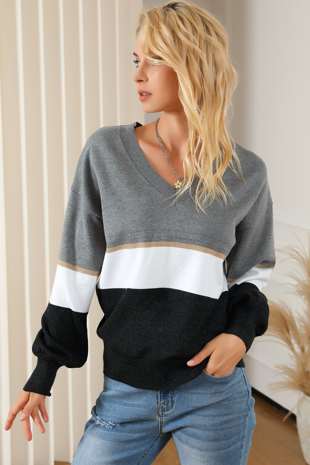 Colorblock V Neck Sweater