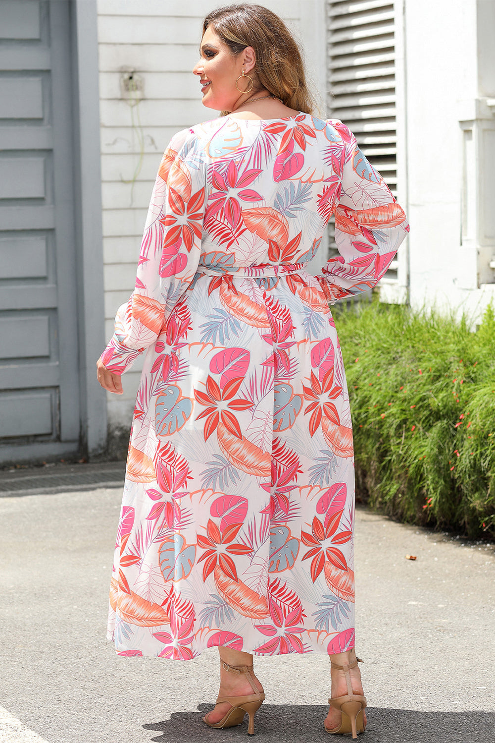 Tropical Palm Print Tie High Waist Plus Size Maxi Dress