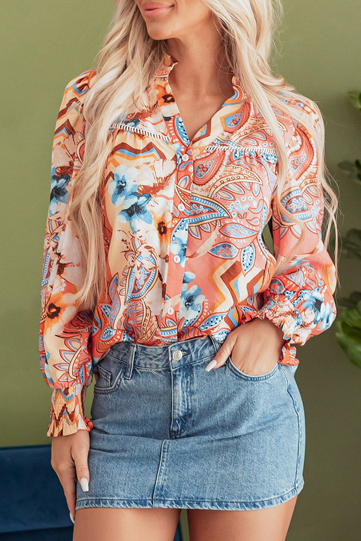 Floral Print Shirred Cuff Buttoned Loose Shirt