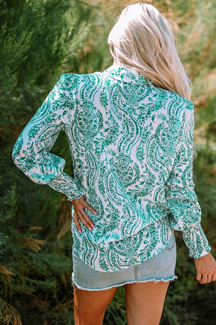 Paisley Print Smocked Cuff Buttoned Loose Shirt