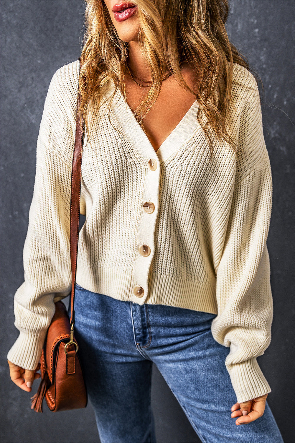 Plain Knitted Buttoned V Neck Cardigan