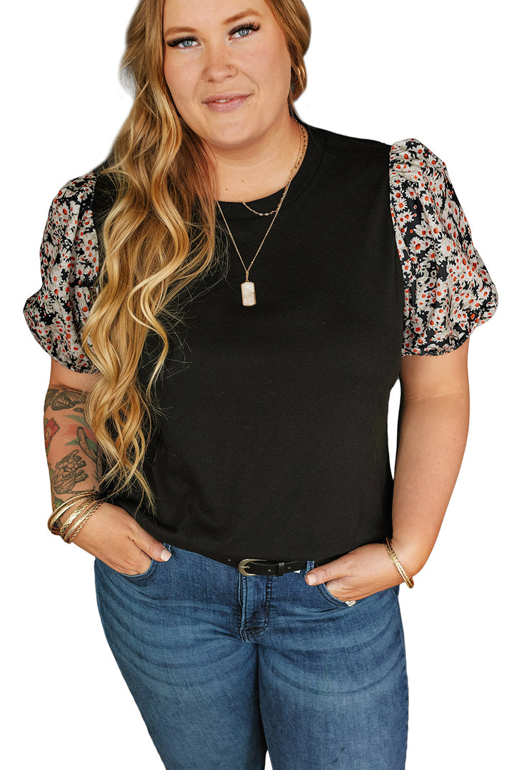 Daisy Printed Short Bubble Sleeve Plus Size Tunic Top