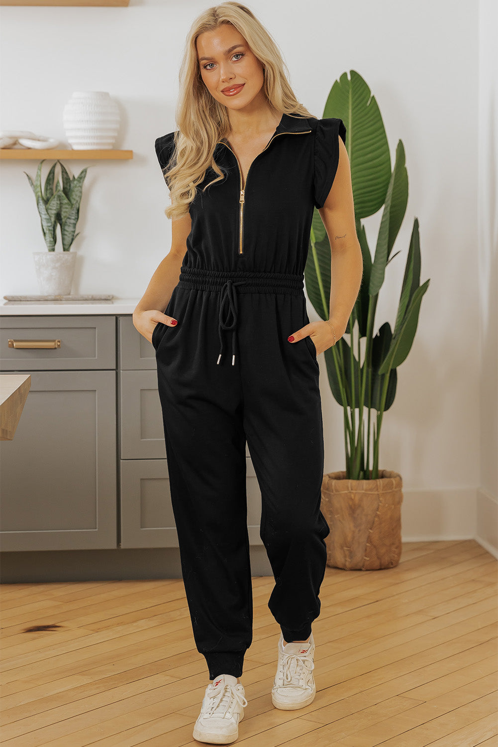 Zipper Flutter Sleeve Drawstring High Waist Jumpsuit