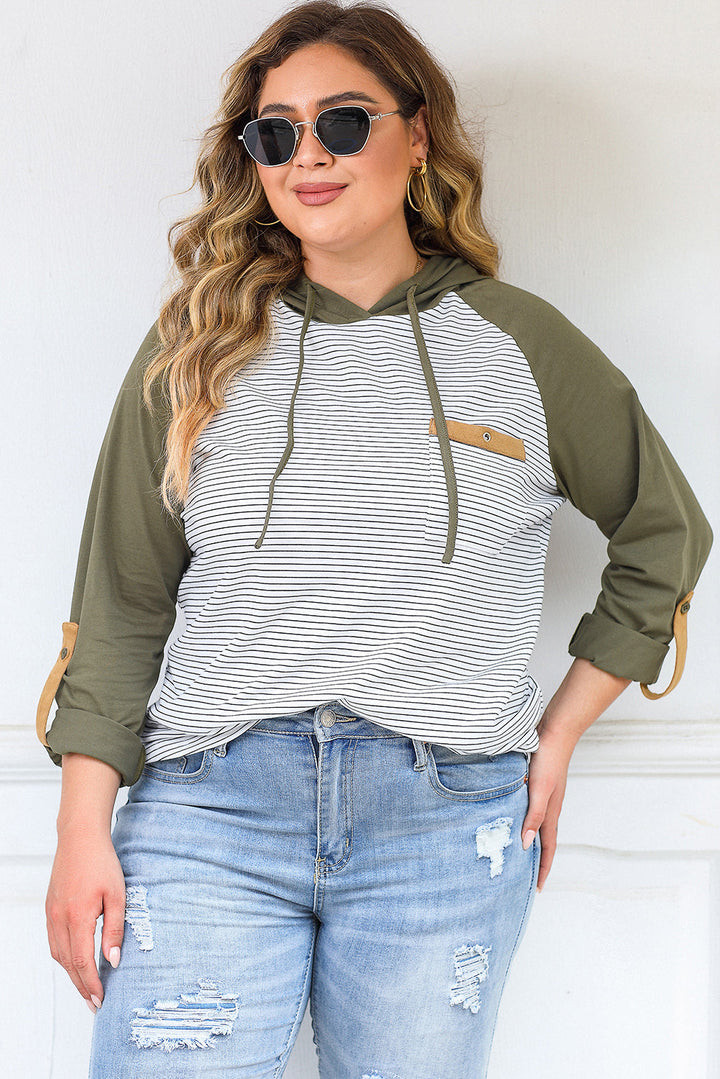 Striped Raglan Sleeve Buttoned Pocket Plus Size Hoodie