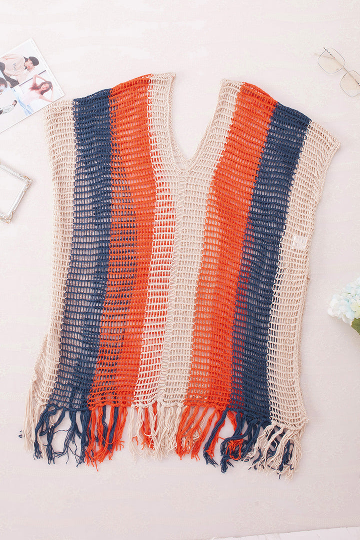 Striped Tassel Crochet V Neck Beach Cover Up