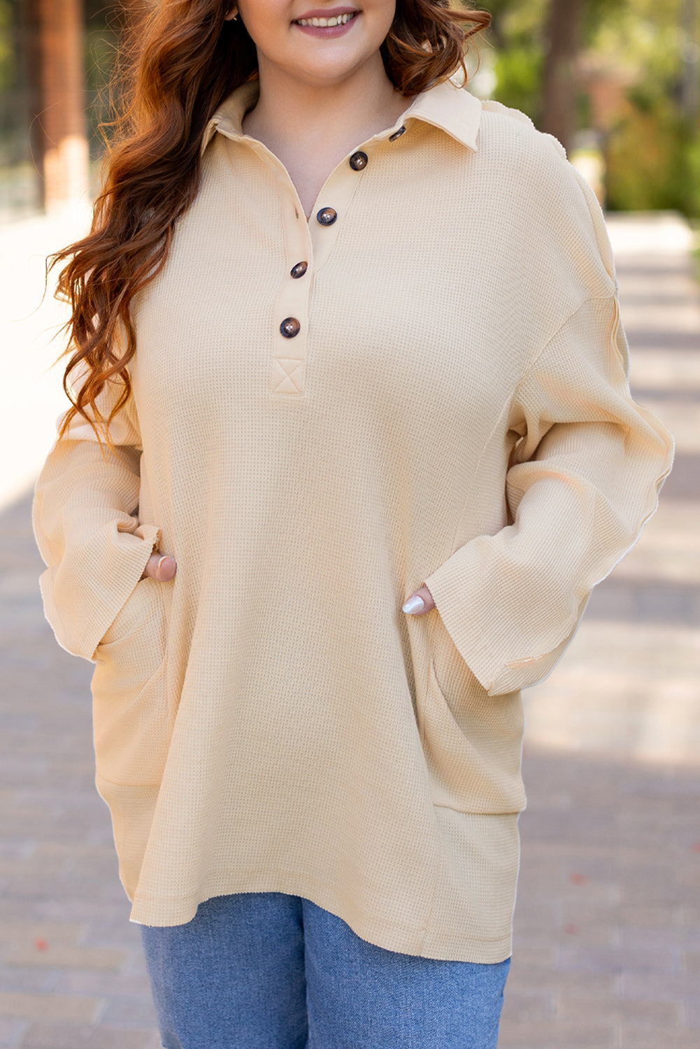 Plus Size Thermal Waffle Knit Henley Tunic Top