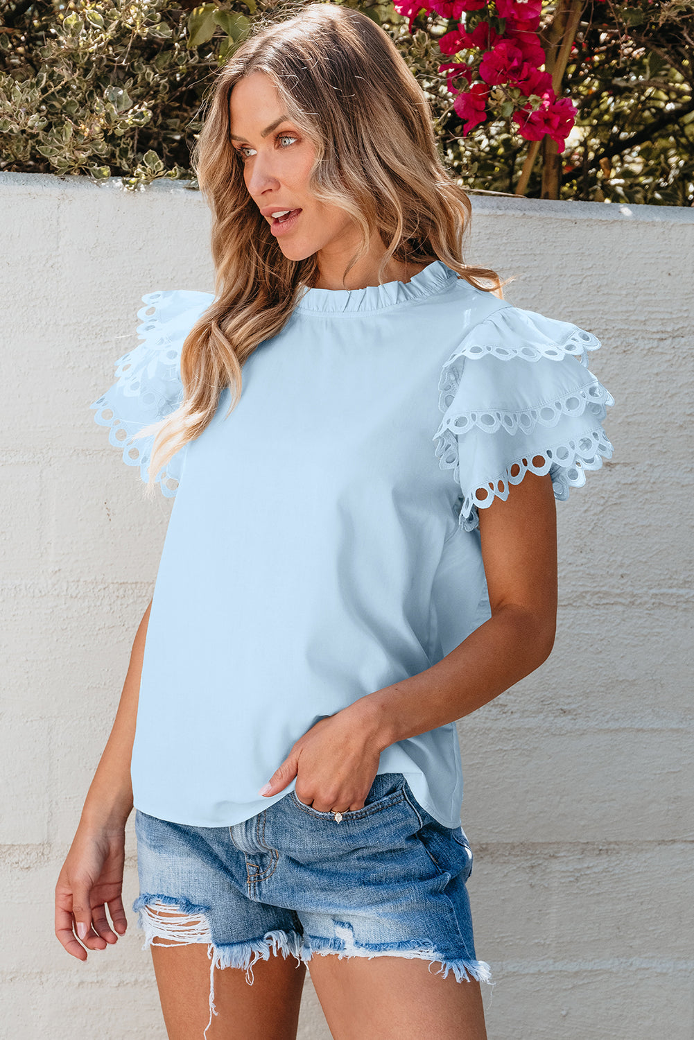 Layered Ric Rac Cap Sleeve Filled Neck Blouse