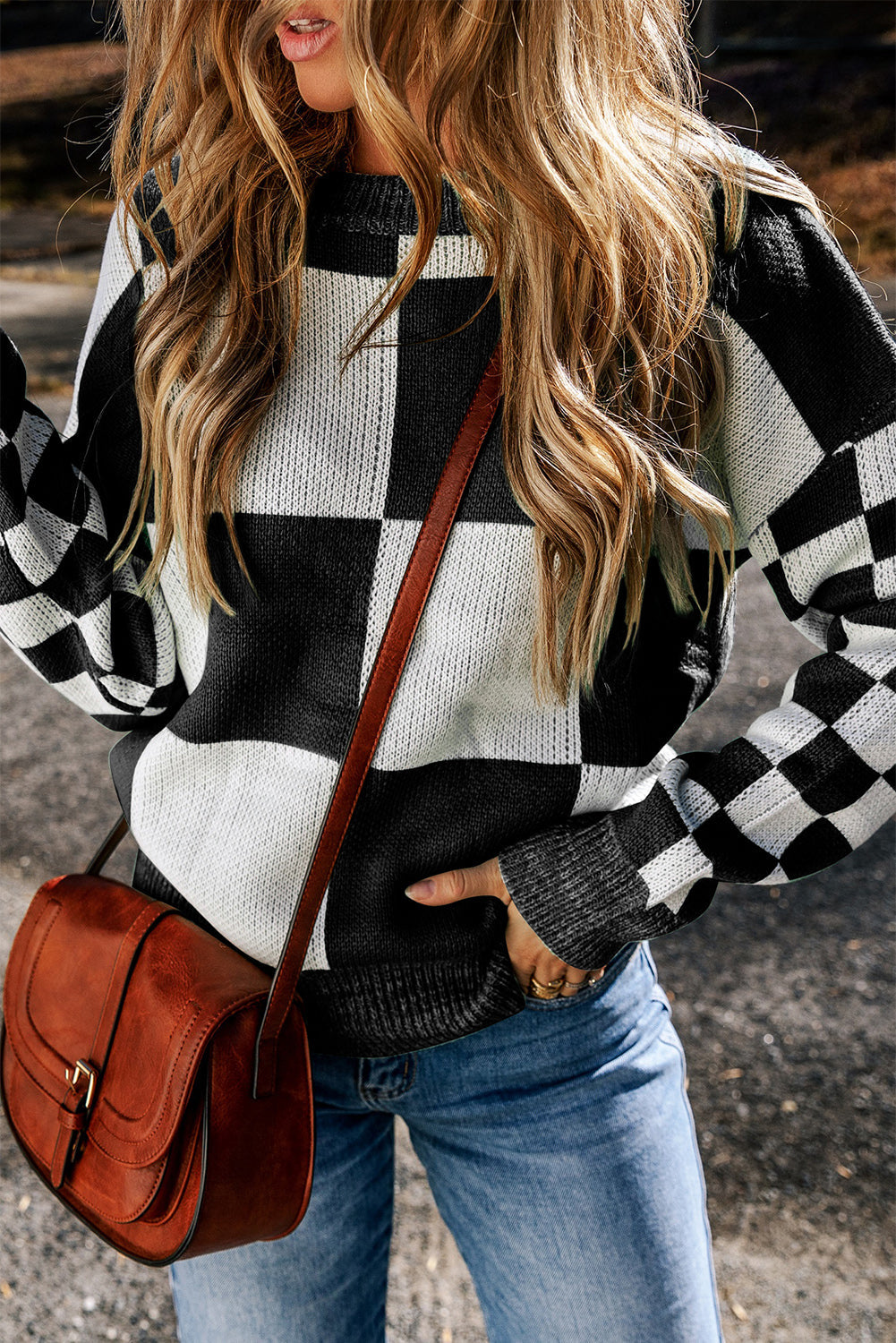 Checkered Print Drop Shoulder Sweater