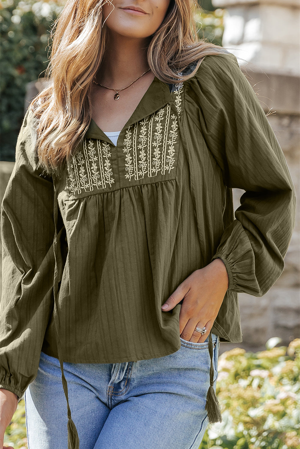 Embroidered Split Neck Pleated Loose Blouse