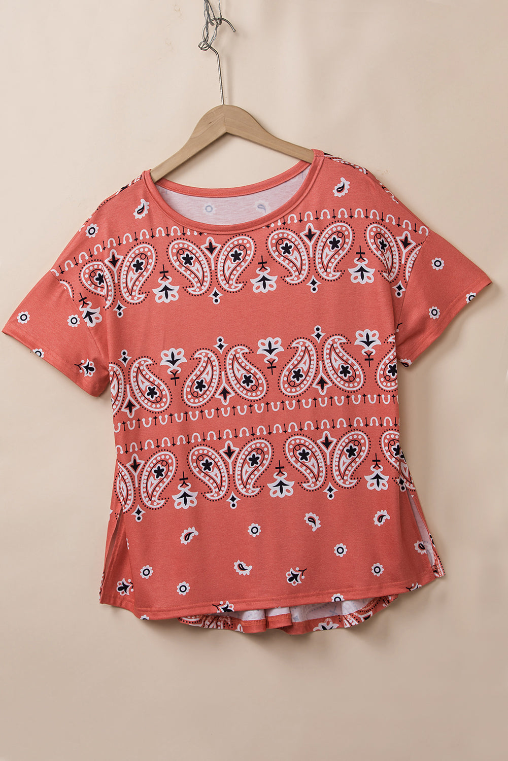 Paisley Print Side Slits Crew Neck T Shirt