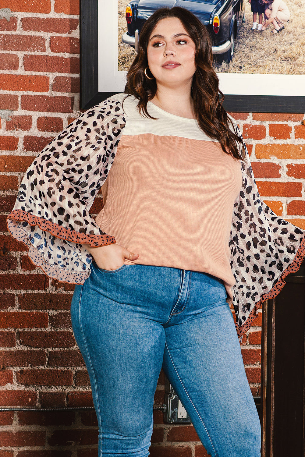 Plus Ruffle Leopard Sleeve Waffled Color Block Top