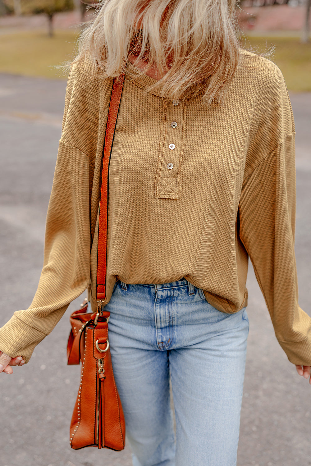 Textured Knit Half Button Drop Shoulder Oversized Top